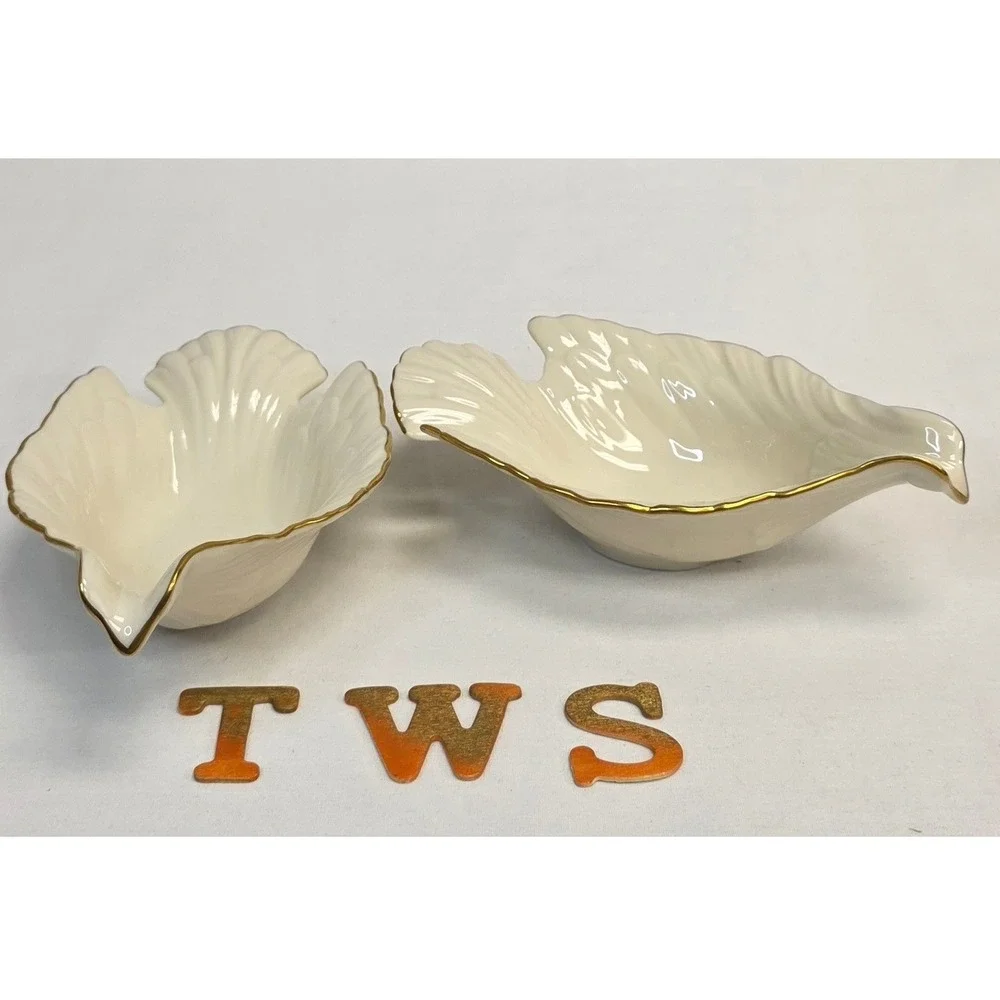 Lenox Bird Dove Nut Candy Dish Set 2 Ivory Bone China 24K Gold Trim USA Made